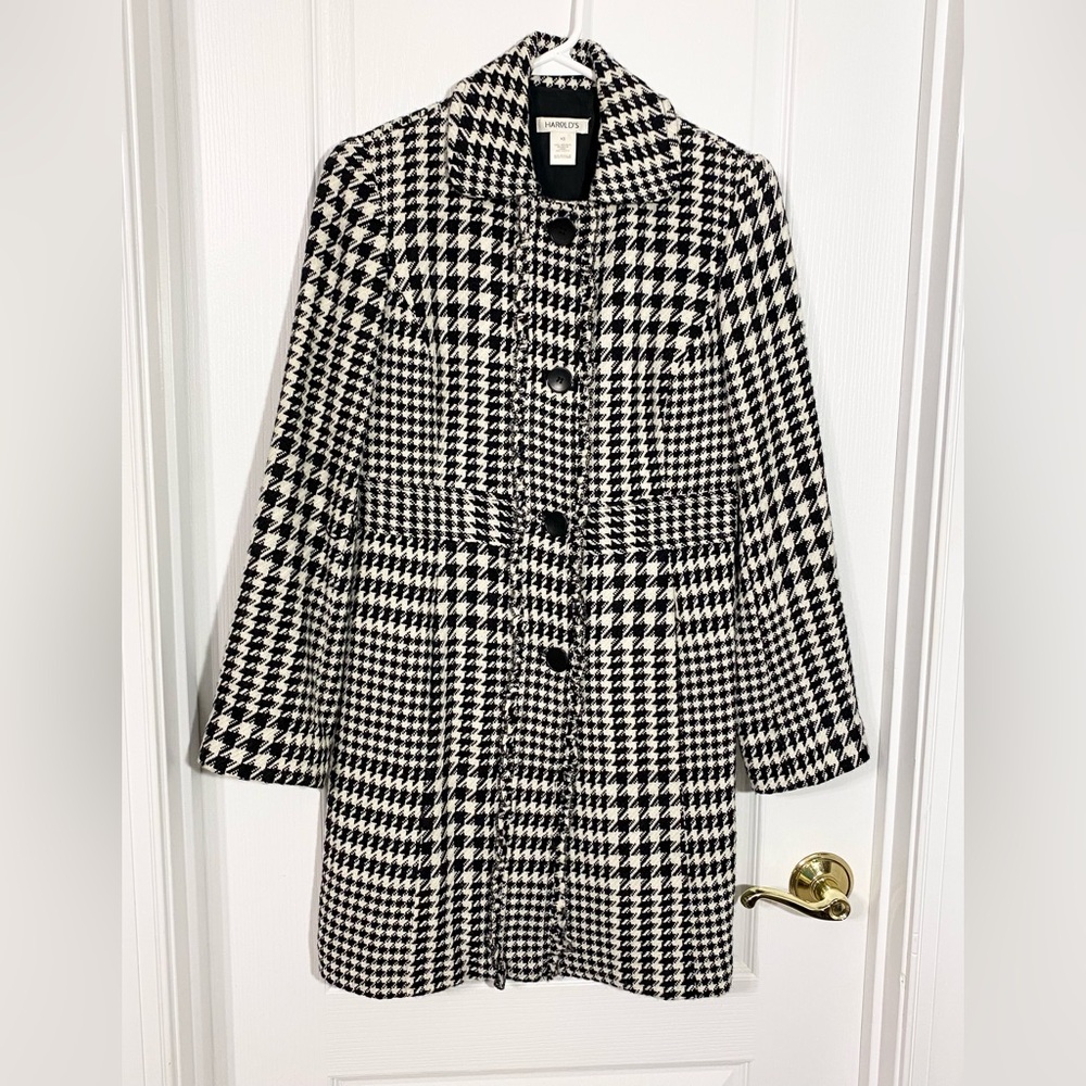 Y2K Harold’s Ruffle Houndstooth Wool Blend Coat USA MADE Vintage XS